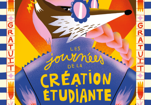 Affiche des Journées de la Création étudiante. Un renard aux cheveux roses et aux lunettes de soleil se tient de dos. Il porte un blouson en cuir bleu où est indiqué le titre et les dates de l'événement