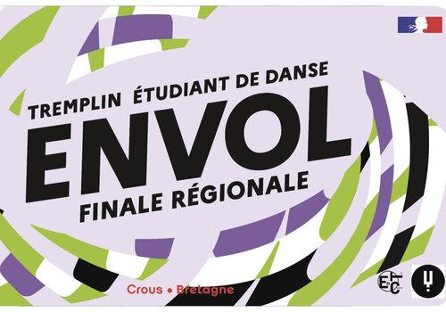 Visuel officiel du tremplin vert et violet avec écrit en noir "Tremplin étudiant de danse Envol Finale Régionale"